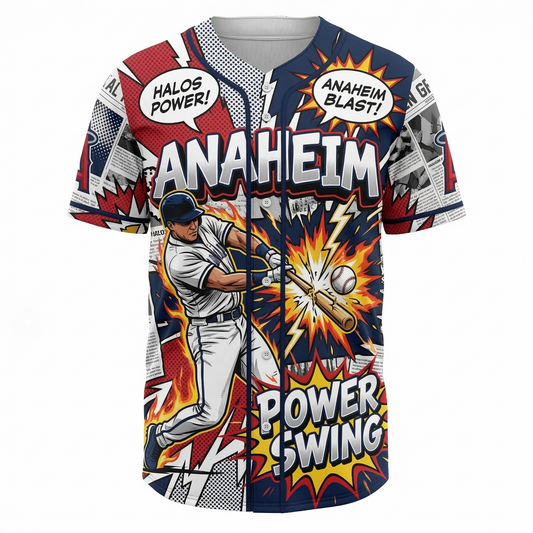 Unisex Anaheim Halos Baseball Button-Up Jersey - Comic Book Style Power Hitting Graphic AOP Shirt
