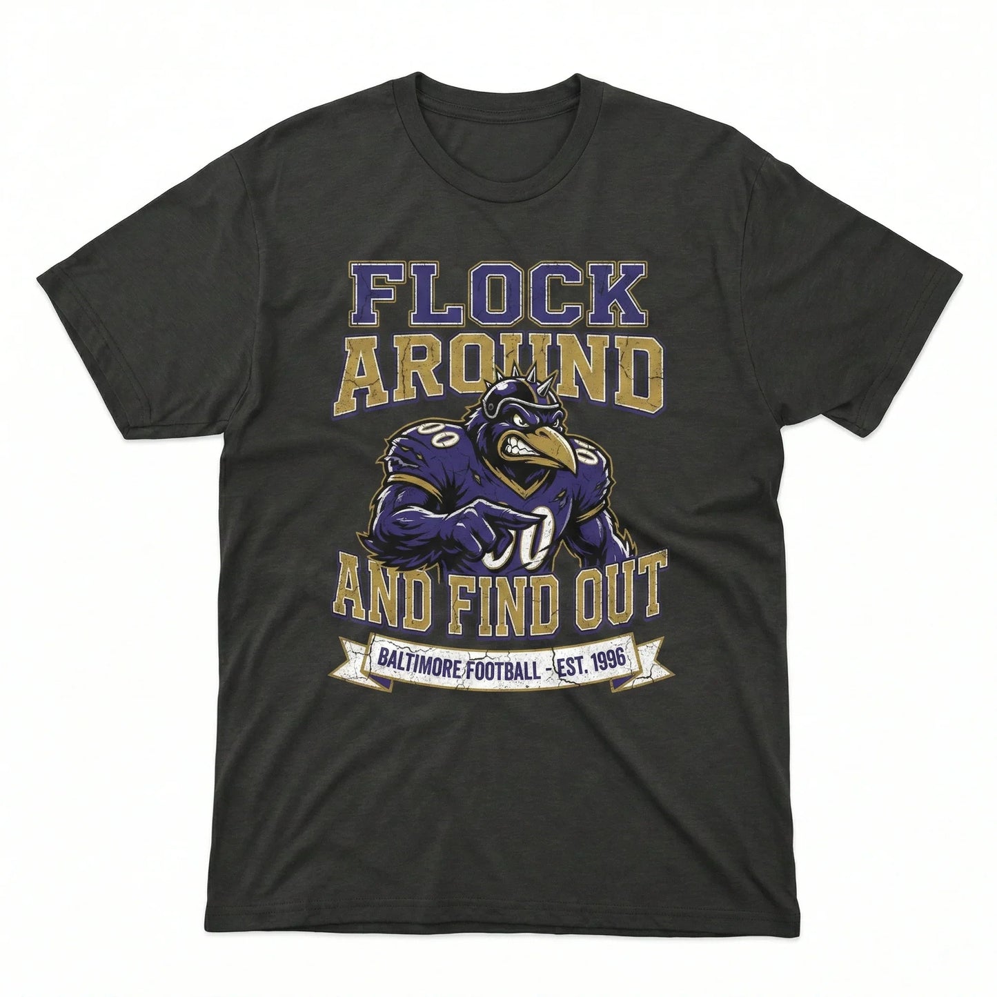 Black t-shirt with cartoon raven mascot, bold 'Flock Around and Find Out' football graphic