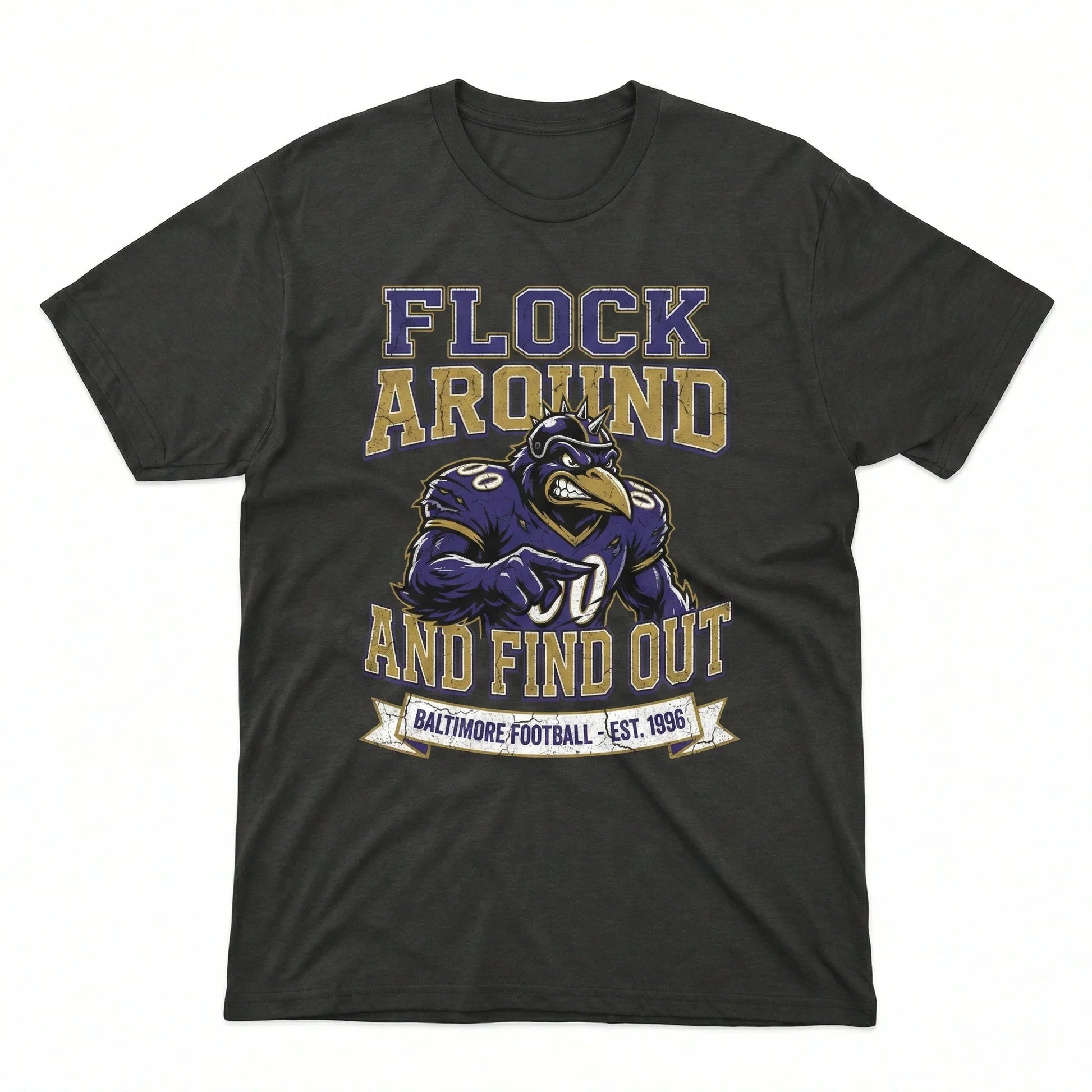 Black t-shirt with cartoon raven mascot, bold 'Flock Around and Find Out' football graphic