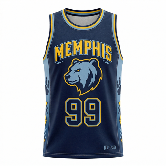 Unisex Memphis Basketball Jersey - Heritage AOP Fan Gear - Navy & Light Blue - Bluff City Sports Apparel