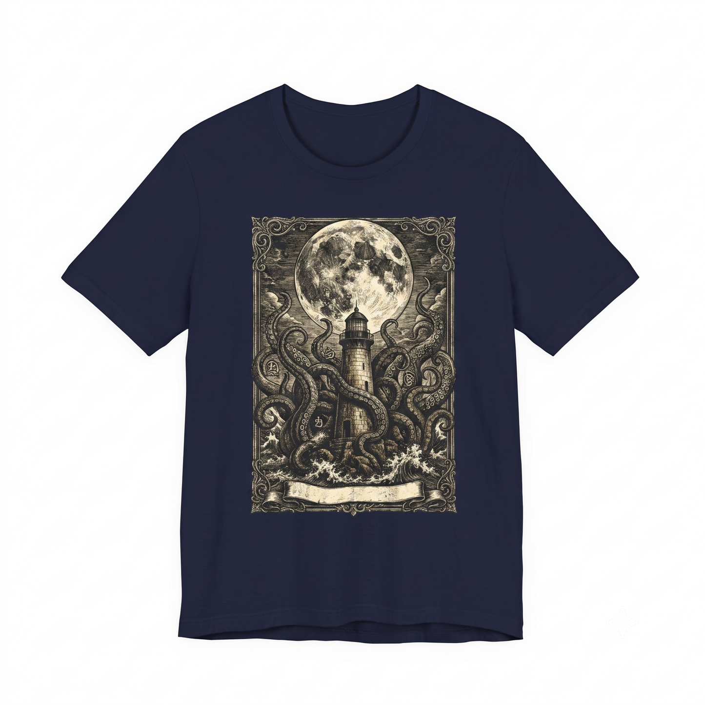Vintage Cosmic Horror Graphic Tee - Gothic Lighthouse and Ancient Sea Monster Graphic - Eldritch Mythos Aesthetic Gift Unisex T-shirt