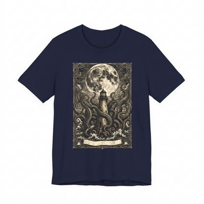 Vintage Cosmic Horror Graphic Tee - Gothic Lighthouse and Ancient Sea Monster Graphic - Eldritch Mythos Aesthetic Gift Unisex T-shirt