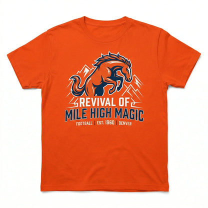 Orange t-shirt with leaping horse graphic, mountain outline, and 'Mile High Magic' football text