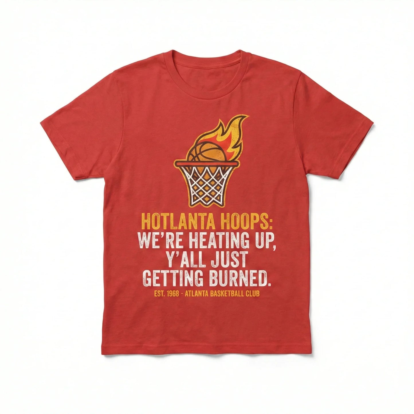 Red graphic tee featuring flaming basketball hoop and Hotlanta Hoops slogan, Atlanta sports shirt