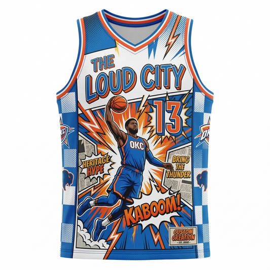 Unisex Oklahoma City Basketball Jersey Comic Book Style - Loud City AOP Fan Shirt - Blue/Orange