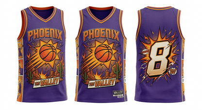 Phoenix Valley Basketball Jersey - Desert Sunburst Comic Edition - Retro Purple & Orange AOP Tank Top - Unisex Fan Apparel