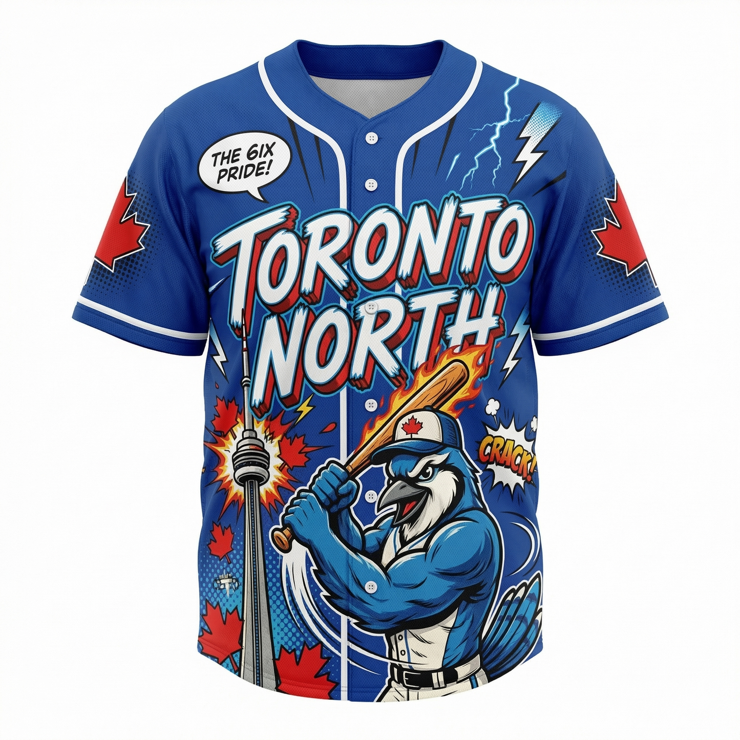 Men's Toronto North Heritage Comic Style Baseball Jersey - Canadian Baseball Pride V-Neck Button Up
