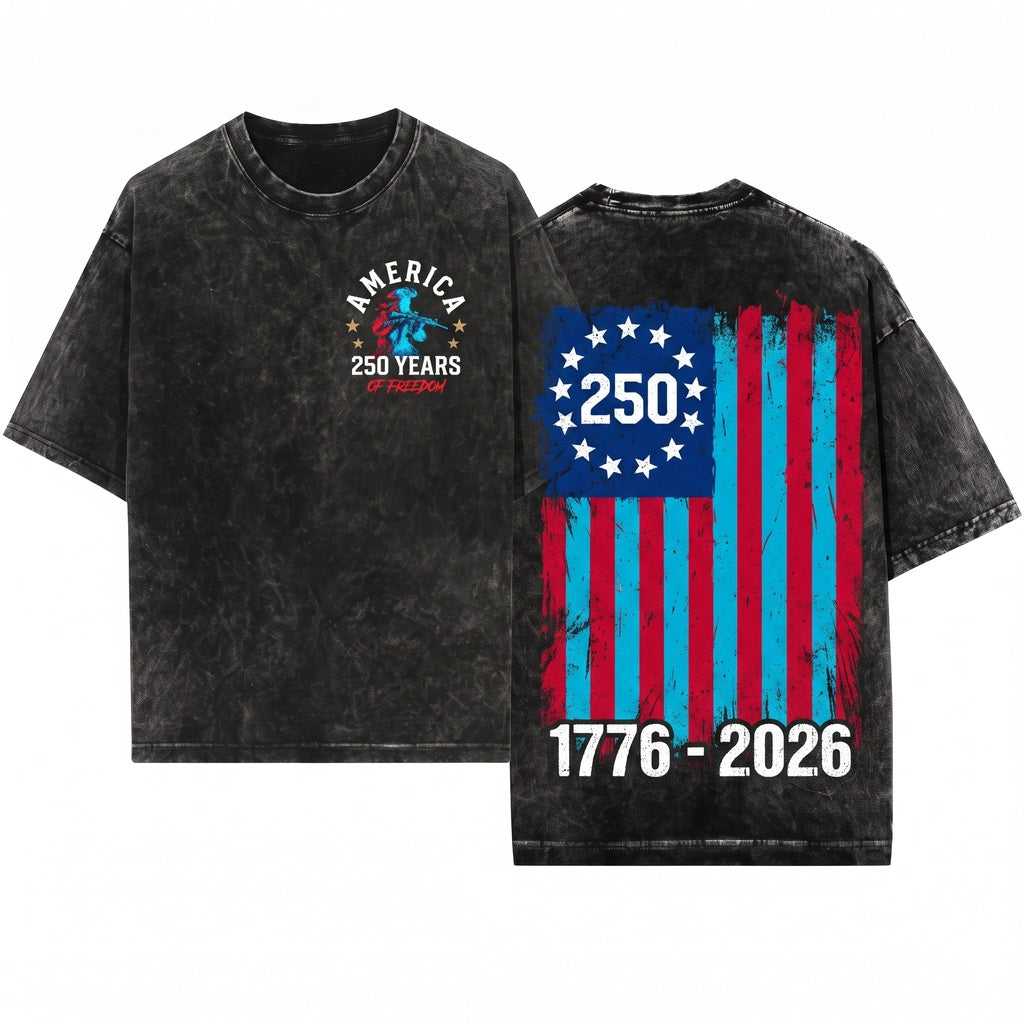 America 250th Anniversary USA 1776-2026 Patriotic Revolutionary Soldier Graphic 4th July Unisex Wash T-Shirt