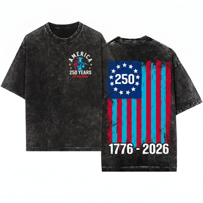 America 250th Anniversary USA 1776-2026 Patriotic Revolutionary Soldier Graphic 4th July Unisex Wash T-Shirt