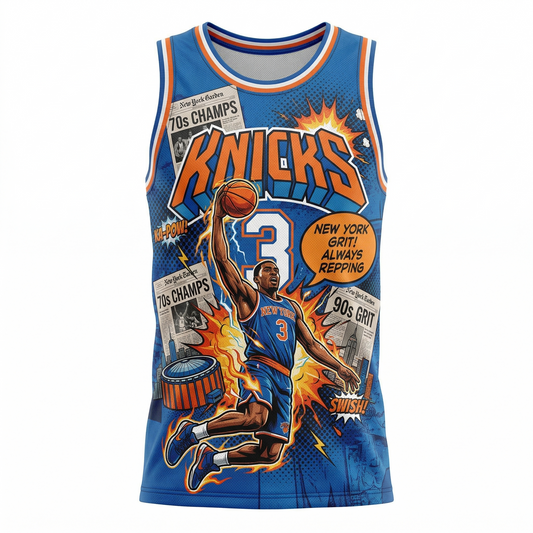 Unisex New York City Basketball Jersey | 90s Comic Art All-Over Print Tank Top | Blue & Orange Hoops Apparel