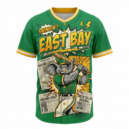 Vintage East Bay Green & Gold Baseball Jersey - Retro Comic Style Heritage Button-Down Shirt (Unisex)