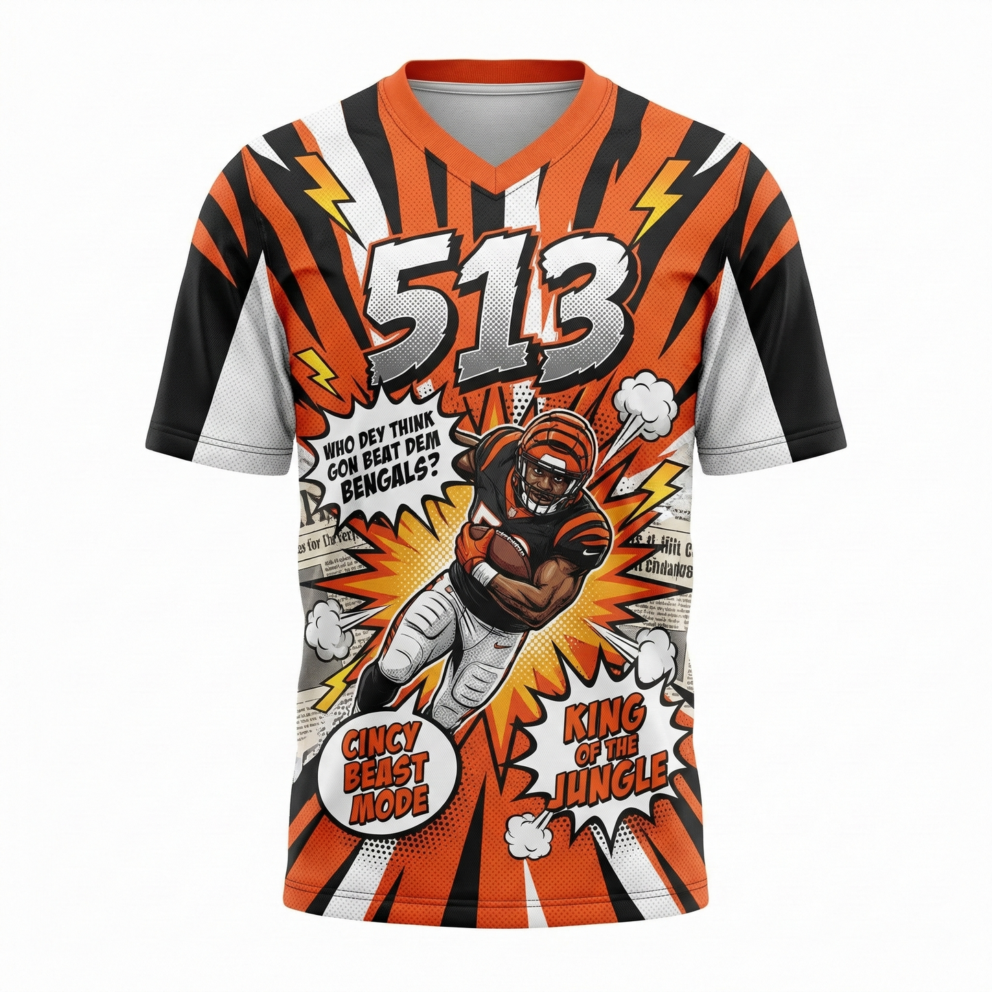 Queen City Gridiron Jungle Comic Style Football Jersey - Orange & Black Slogan AOP Top