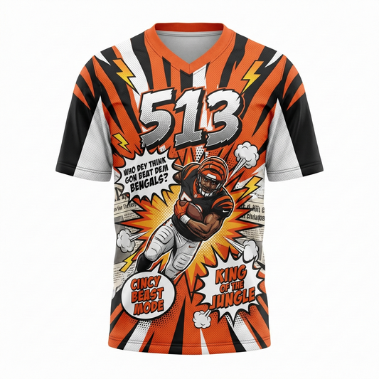 Queen City Gridiron Jungle Comic Style Football Jersey - Orange & Black Slogan AOP Top