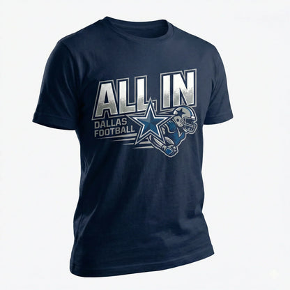 Navy blue t-shirt with 'ALL IN Dallas Football' text, football player, and star graphic
