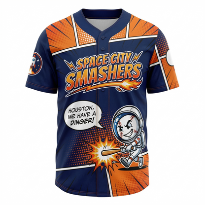 Space City Baseball Jersey Unisex - Comic Style H-Town Dinger Button-Up Shirt