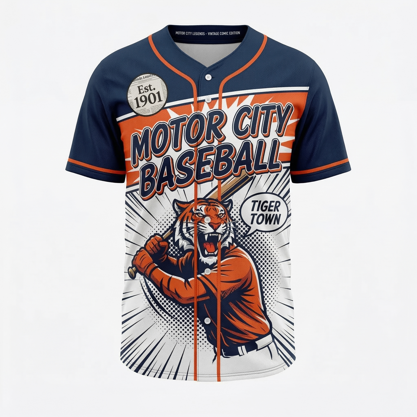 Motor City Baseball Legends Vintage Comic V-Neck Jersey - Unisex Detroit Fan Button-Up Graphic Shirt