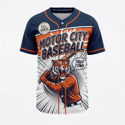 Motor City Baseball Legends Vintage Comic V-Neck Jersey - Unisex Detroit Fan Button-Up Graphic Shirt