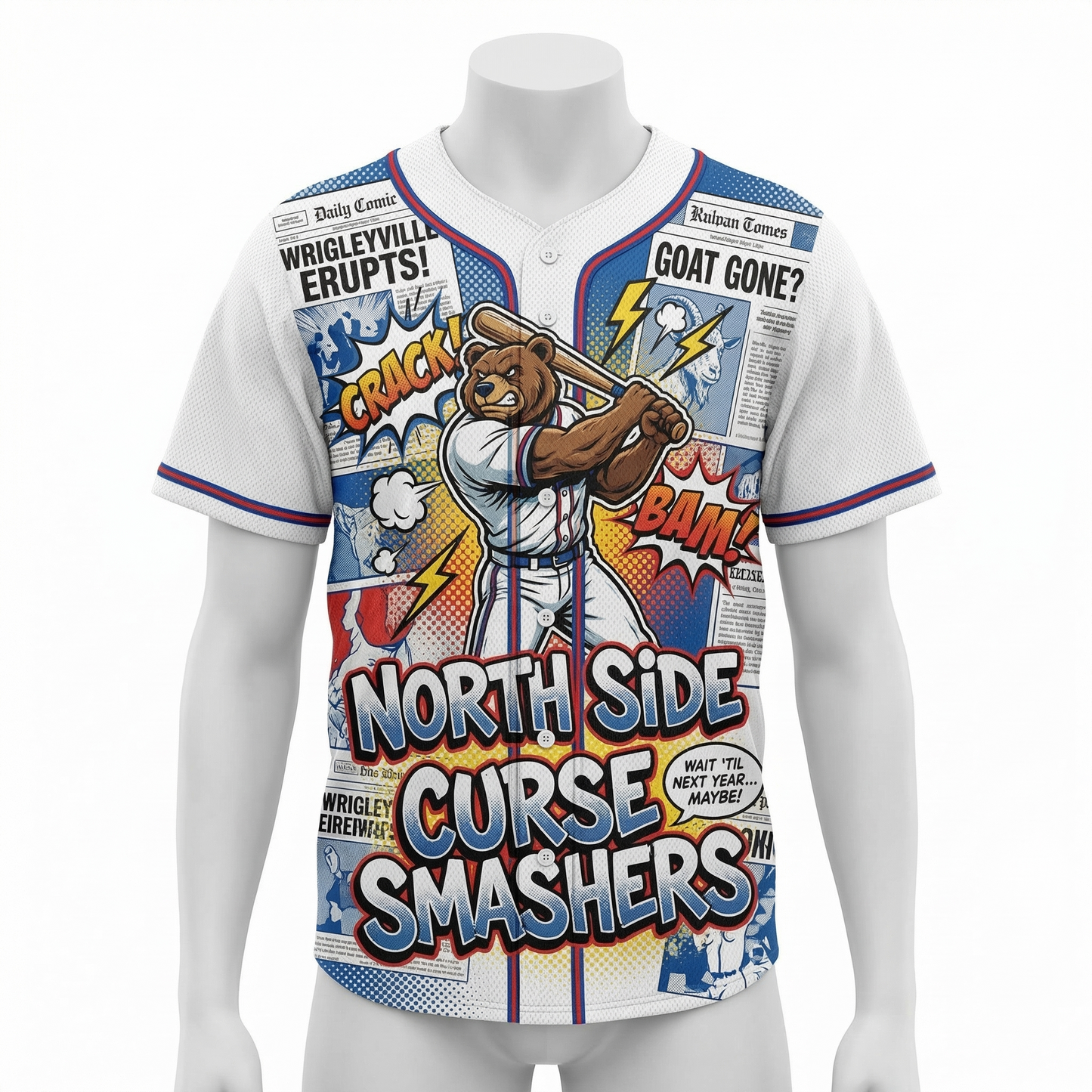 90s Retro North Side Baseball Comic Button-Up Jersey | Wrigleyville Graphic Hype Shirt | Windy City Satire Baseball Apparel