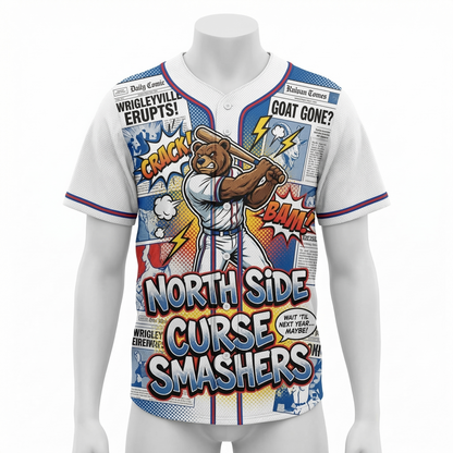 90s Retro North Side Baseball Comic Button-Up Jersey | Wrigleyville Graphic Hype Shirt | Windy City Satire Baseball Apparel