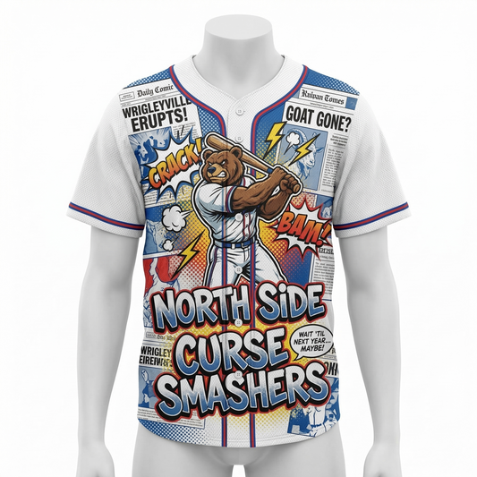 90s Retro North Side Baseball Comic Button-Up Jersey | Wrigleyville Graphic Hype Shirt | Windy City Satire Baseball Apparel