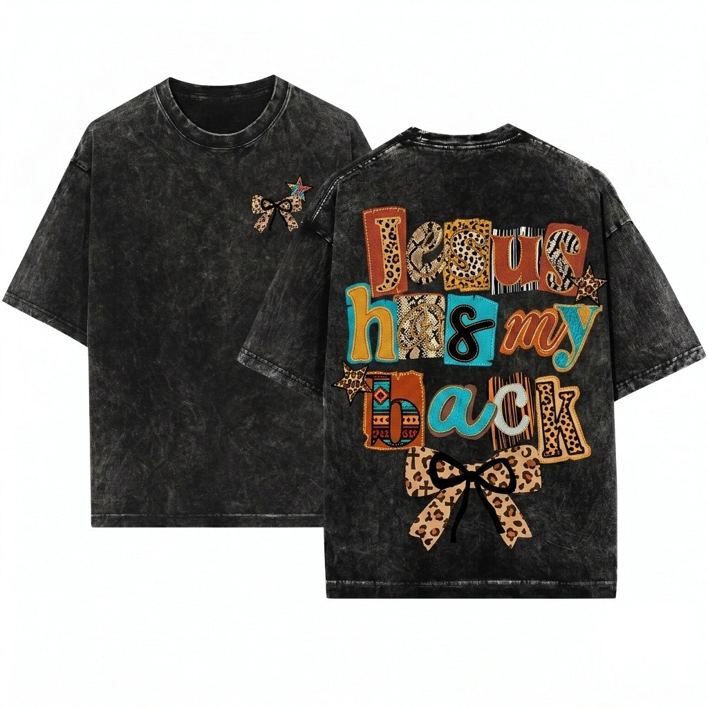 Leopard Jesus Has My Back Trendy Christian Faith Bow Doodles Religious Unisex Wash T-Shirt