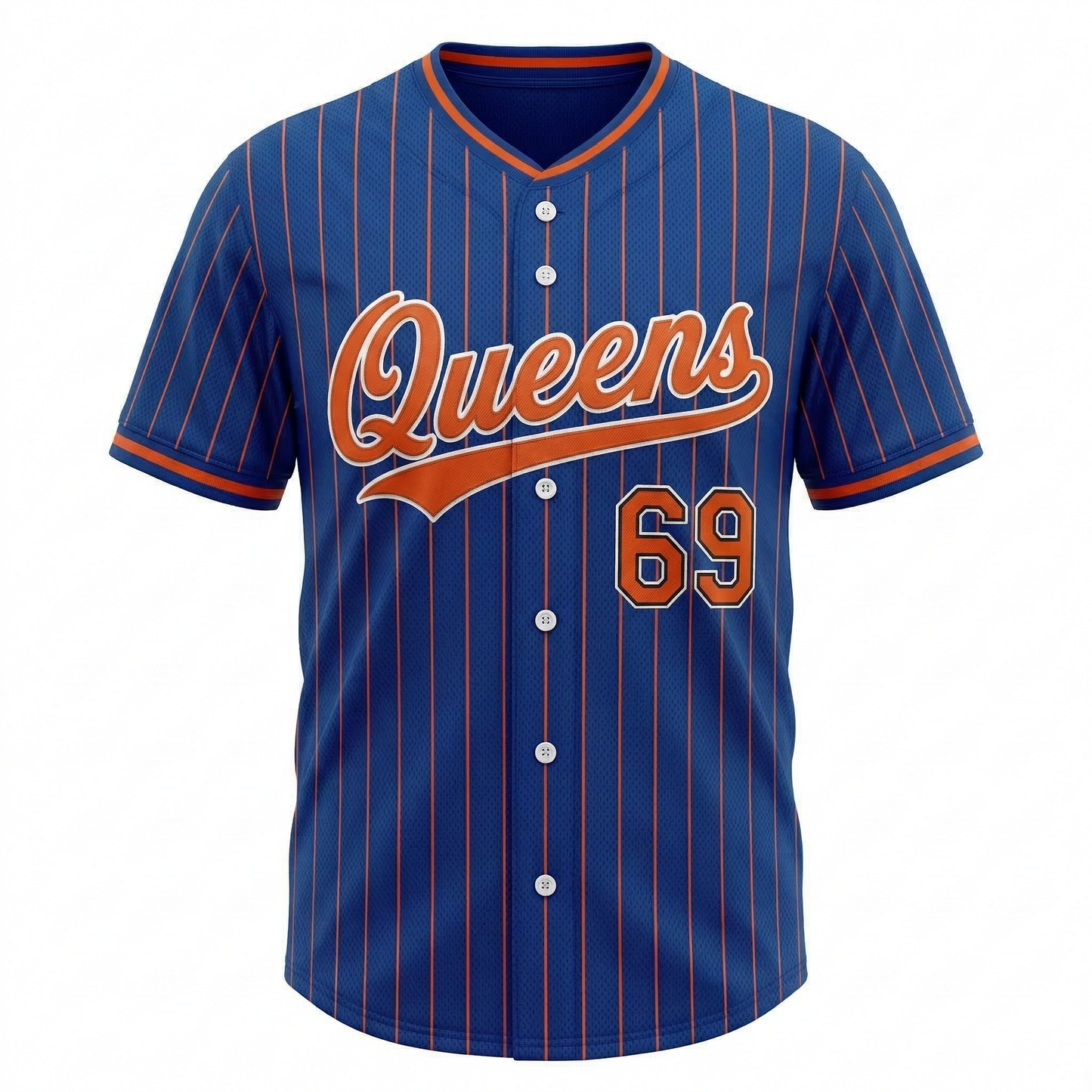 Unisex Queens Baseball Heritage Button-Up Jersey - Classic Blue & Orange Pinstripe Game Day Shirt
