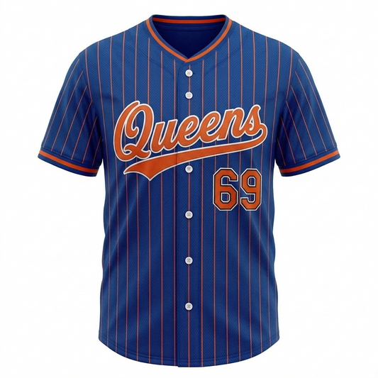 Unisex Queens Baseball Heritage Button-Up Jersey - Classic Blue & Orange Pinstripe Game Day Shirt