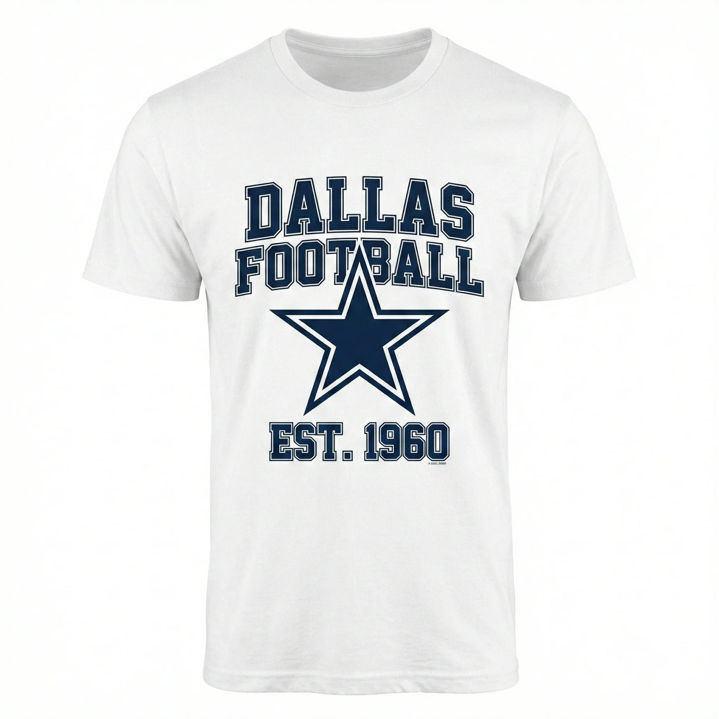White Dallas football t-shirt with blue star and 'Est. 1960' text, sports apparel