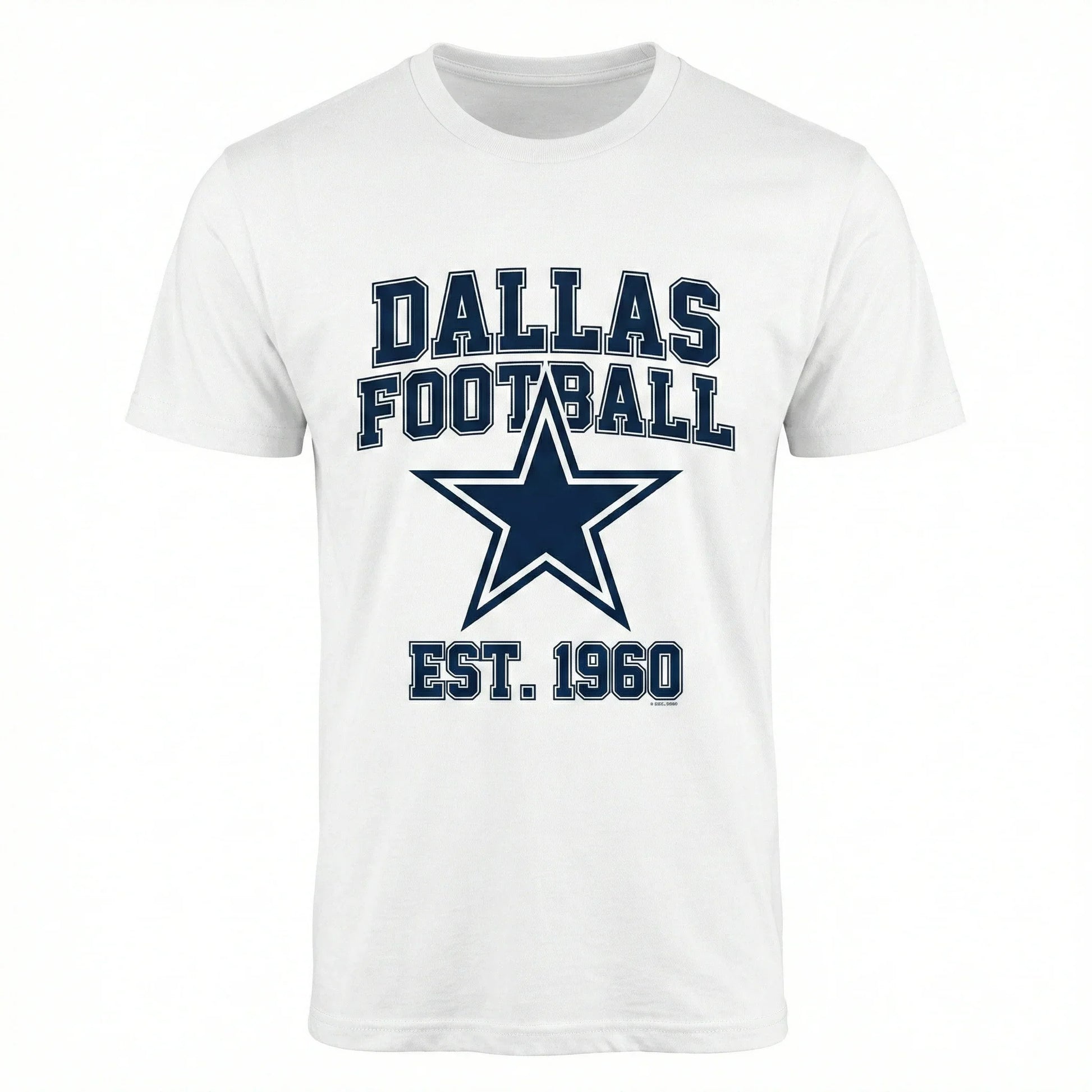White Dallas football t-shirt with blue star and 'Est. 1960' text, sports apparel