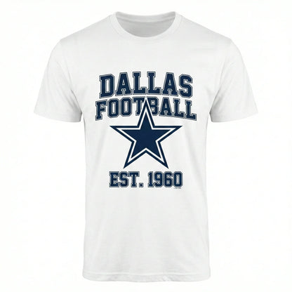 White Dallas football t-shirt with blue star and 'Est. 1960' text, sports apparel