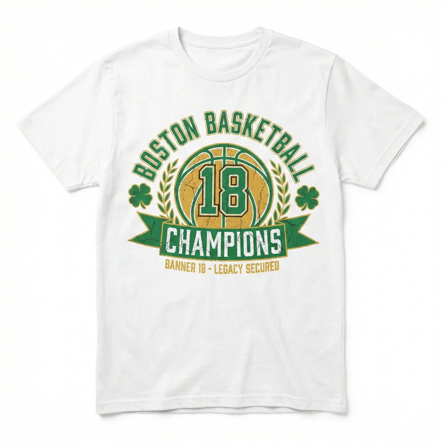 White Boston basketball champions t-shirt with green and gold championship graphic and clovers