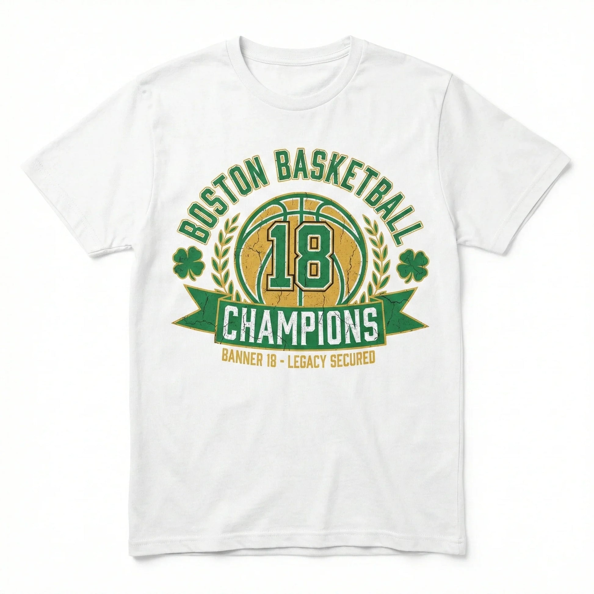 White Boston basketball champions t-shirt with green and gold championship graphic and clovers