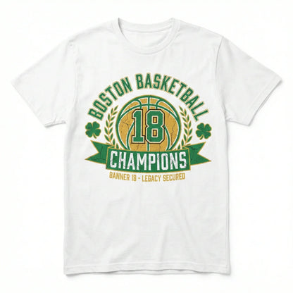 White Boston basketball champions t-shirt with green and gold championship graphic and clovers