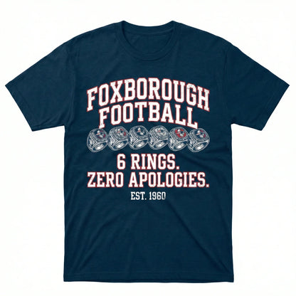 Navy blue t-shirt featuring Foxborough Football text, six rings graphic, and bold slogan