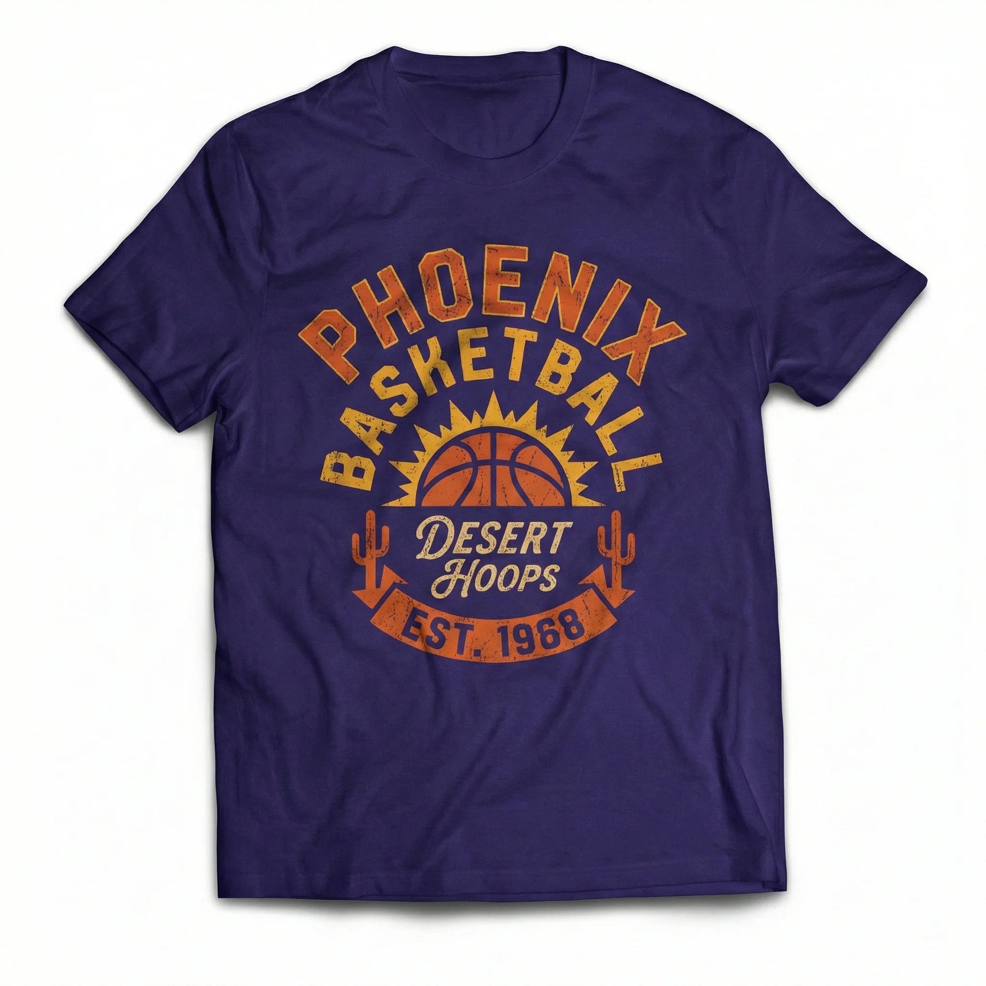 Purple t-shirt with Phoenix Basketball Desert Hoops graphic, sun, cacti, and basketball design.