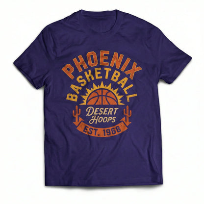 Purple t-shirt with Phoenix Basketball Desert Hoops graphic, sun, cacti, and basketball design.
