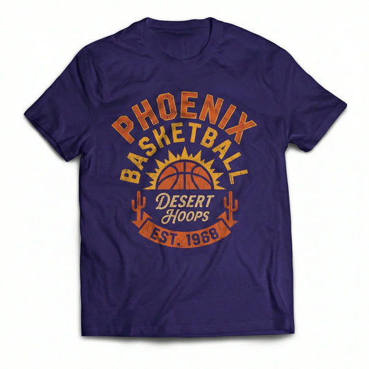 Purple t-shirt with Phoenix Basketball Desert Hoops graphic, sun, cacti, and basketball design.
