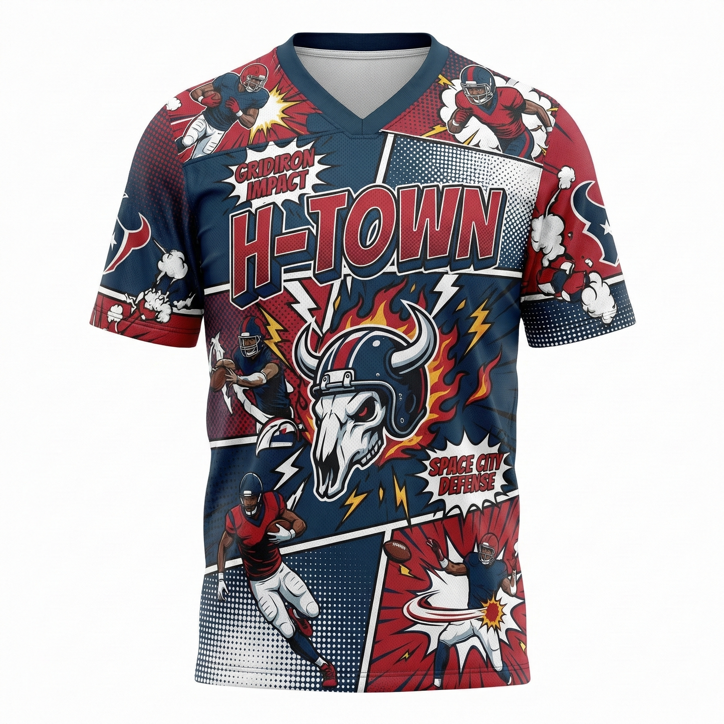 Space City Gridiron Vintage Comic Style AOP Football Jersey - H-Town Heritage Unisex Streetwear