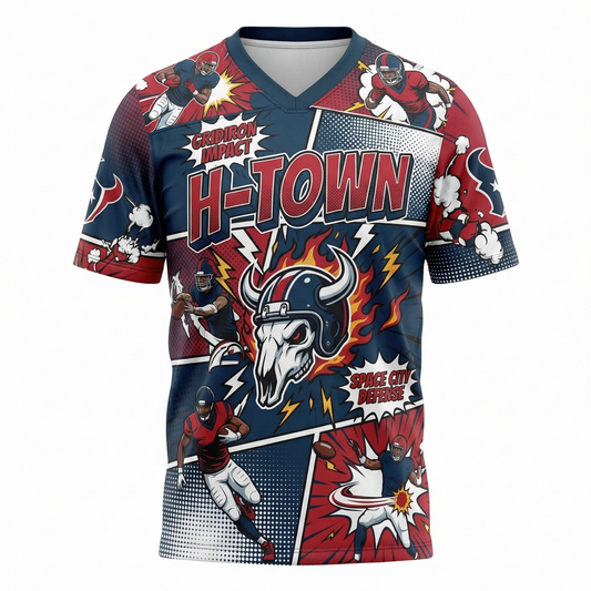 Space City Gridiron Vintage Comic Style AOP Football Jersey - H-Town Heritage Unisex Streetwear