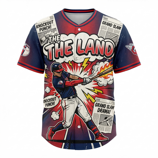 Unisex 90s Bootleg "The Land" Baseball Button-Up Jersey - Vintage Comic Heavy Hitter AOP Graphic Shirt