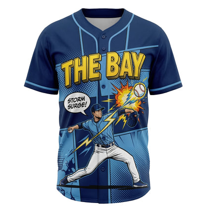 The Bay Storm Surge Baseball Jersey - 90s Bootleg Comic Graphic Button-Up Retro Shirt