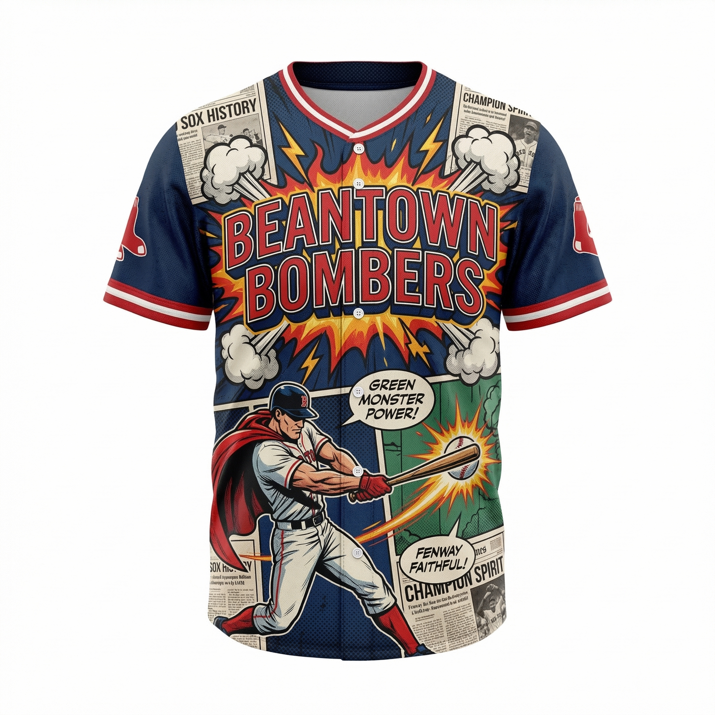Vintage Beantown Baseball Comic Art AOP Button-Up Jersey | Retro Fenway Heritage Sports Shirt