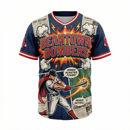 Vintage Beantown Baseball Comic Art AOP Button-Up Jersey | Retro Fenway Heritage Sports Shirt