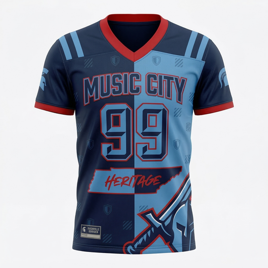 Unisex Nashville Music City Gridiron Heritage Football Jersey - Two-Tone Blue & Red Graphic All-Over Print