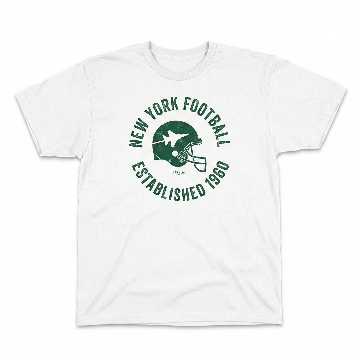 White t-shirt with green vintage football helmet and text New York Football Established 1960