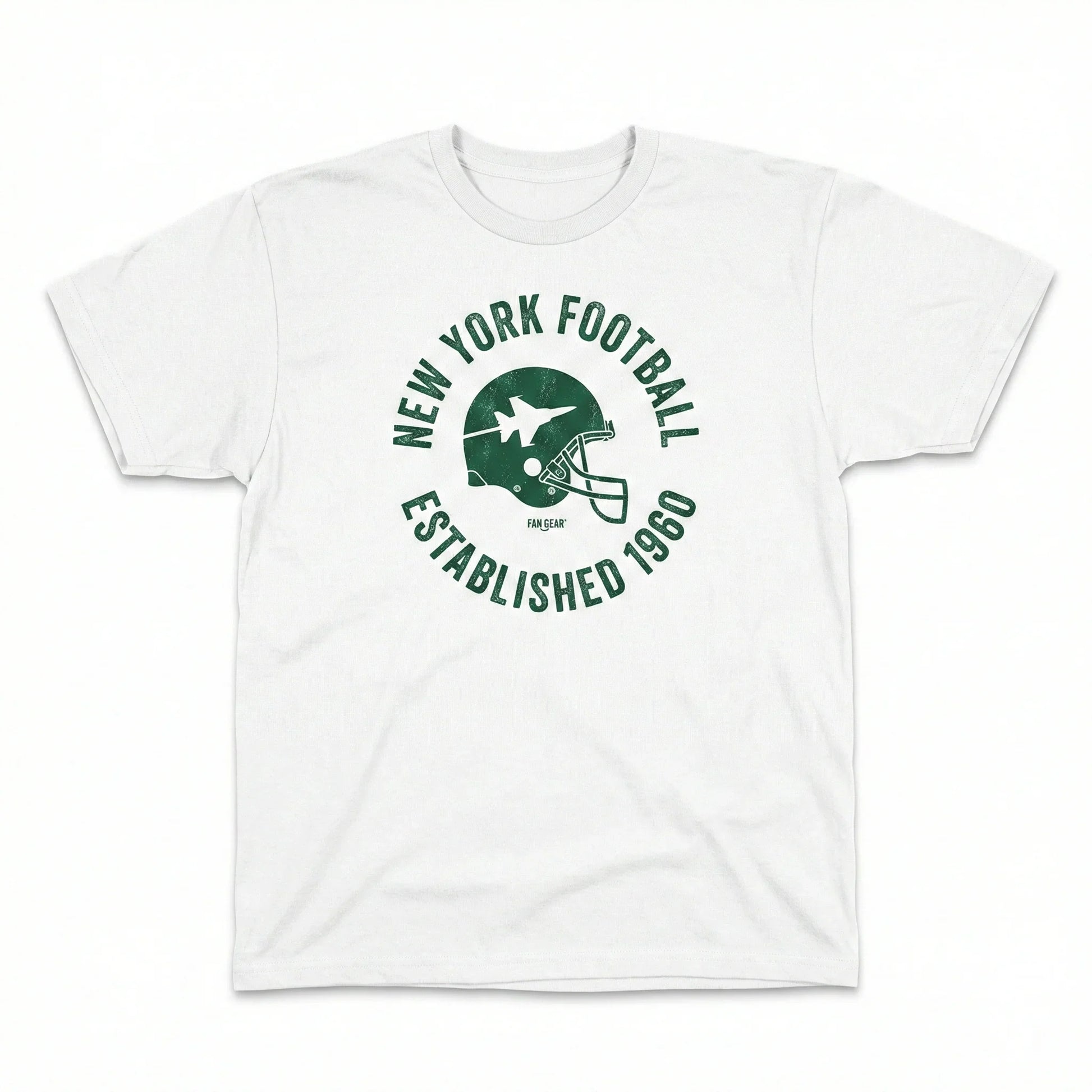 White t-shirt with green vintage football helmet and text New York Football Established 1960