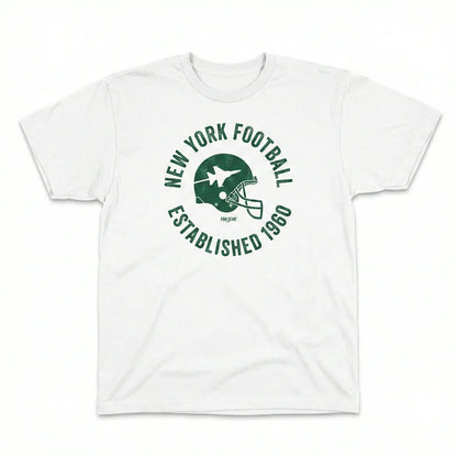 White t-shirt with green vintage football helmet and text New York Football Established 1960