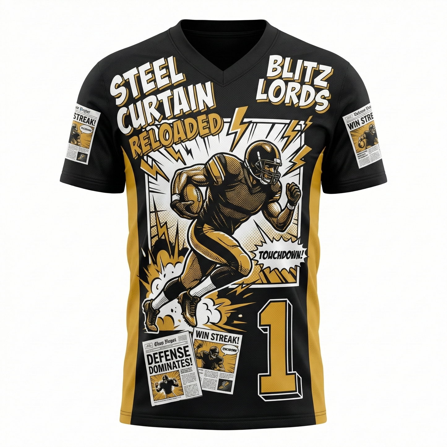 Steel City Gridiron Blitz AOP Football Jersey - 90s Comic Book Vintage Graphic, Black & Gold