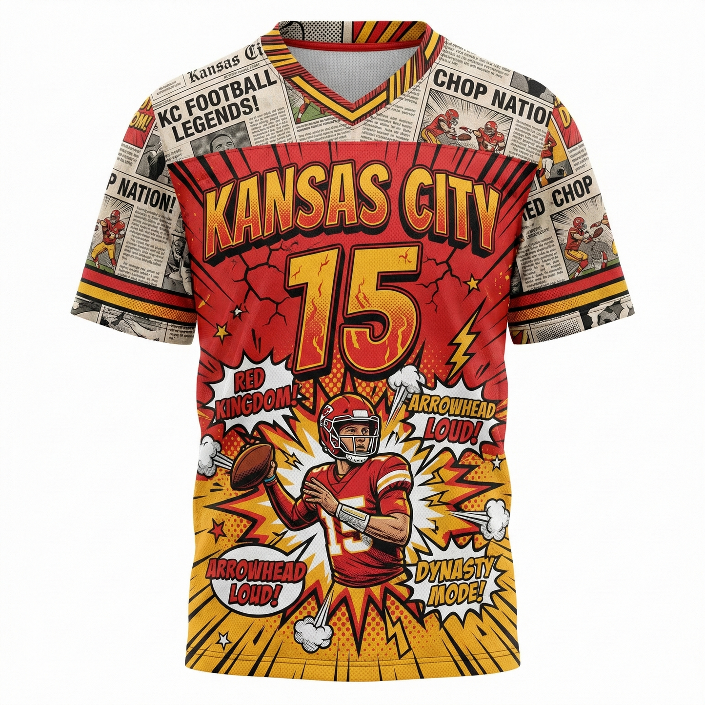 Vintage Kansas City Football Comic Style Jersey | Red & Gold Kingdom Bootleg Shirt | Retro Gridiron Hype Apparel
