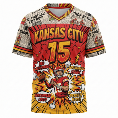 Vintage Kansas City Football Comic Style Jersey | Red & Gold Kingdom Bootleg Shirt | Retro Gridiron Hype Apparel